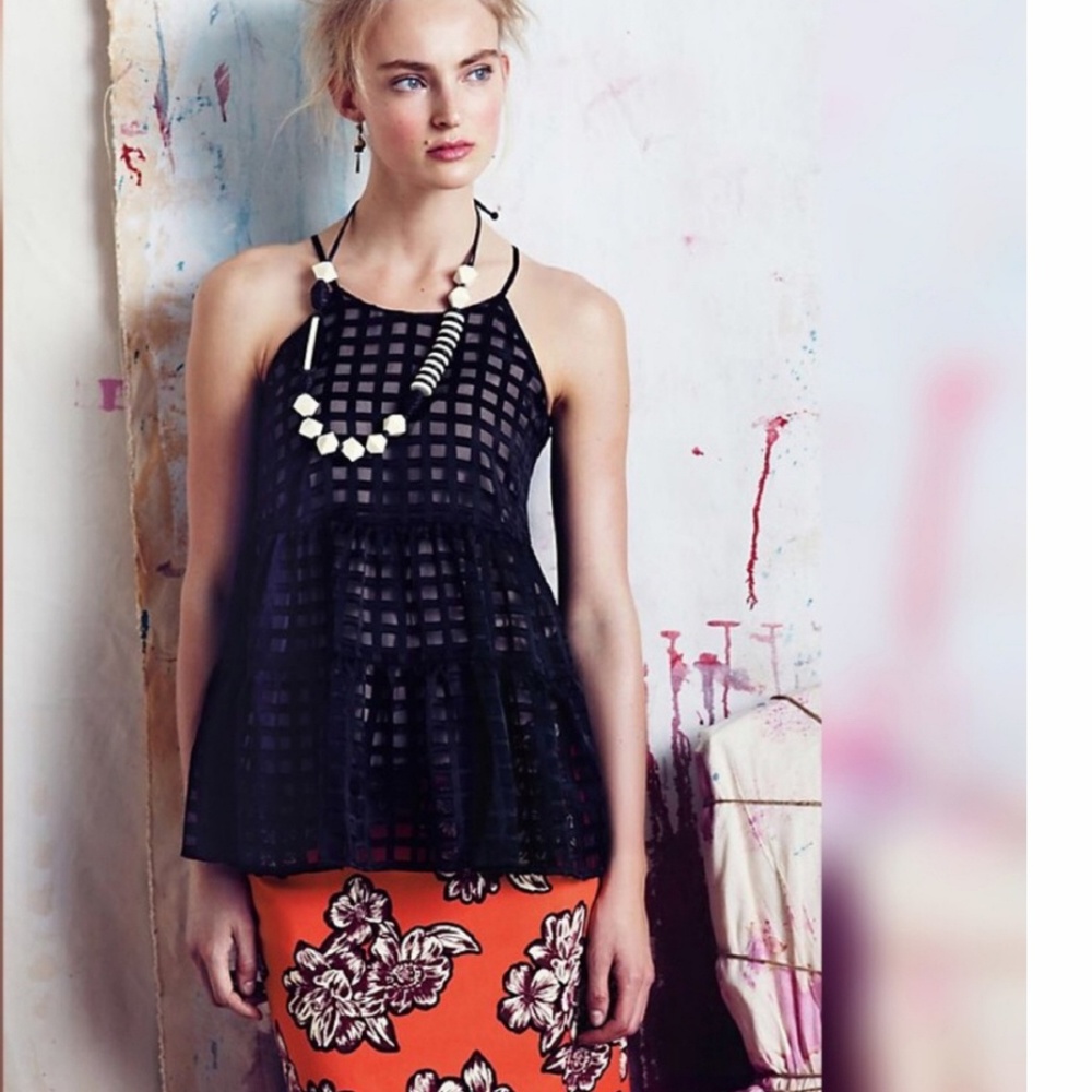 Anthropologie Black Grid Halter Tank with Sheer Overlay